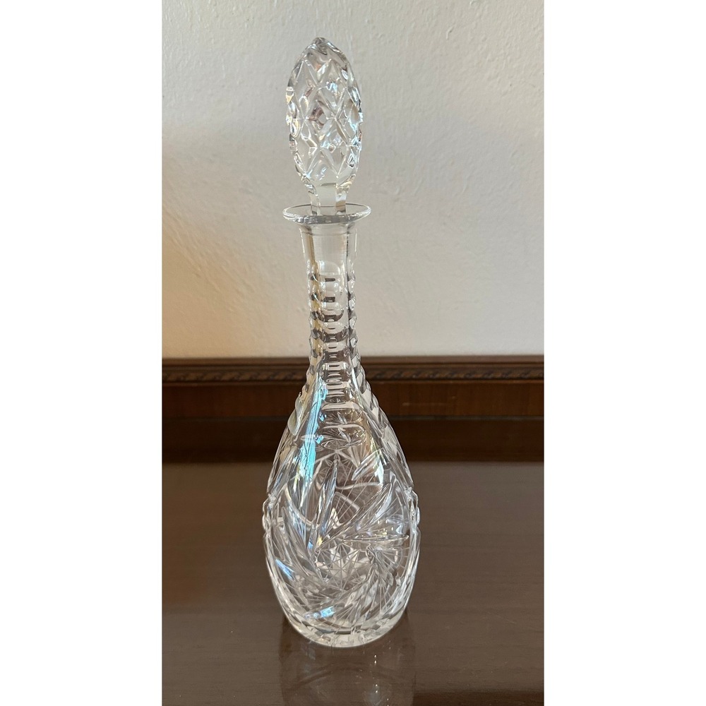 Vtg Pinwheel Cut Crystal Decanter with Stopper 13'' Germany Barware Clear Glass